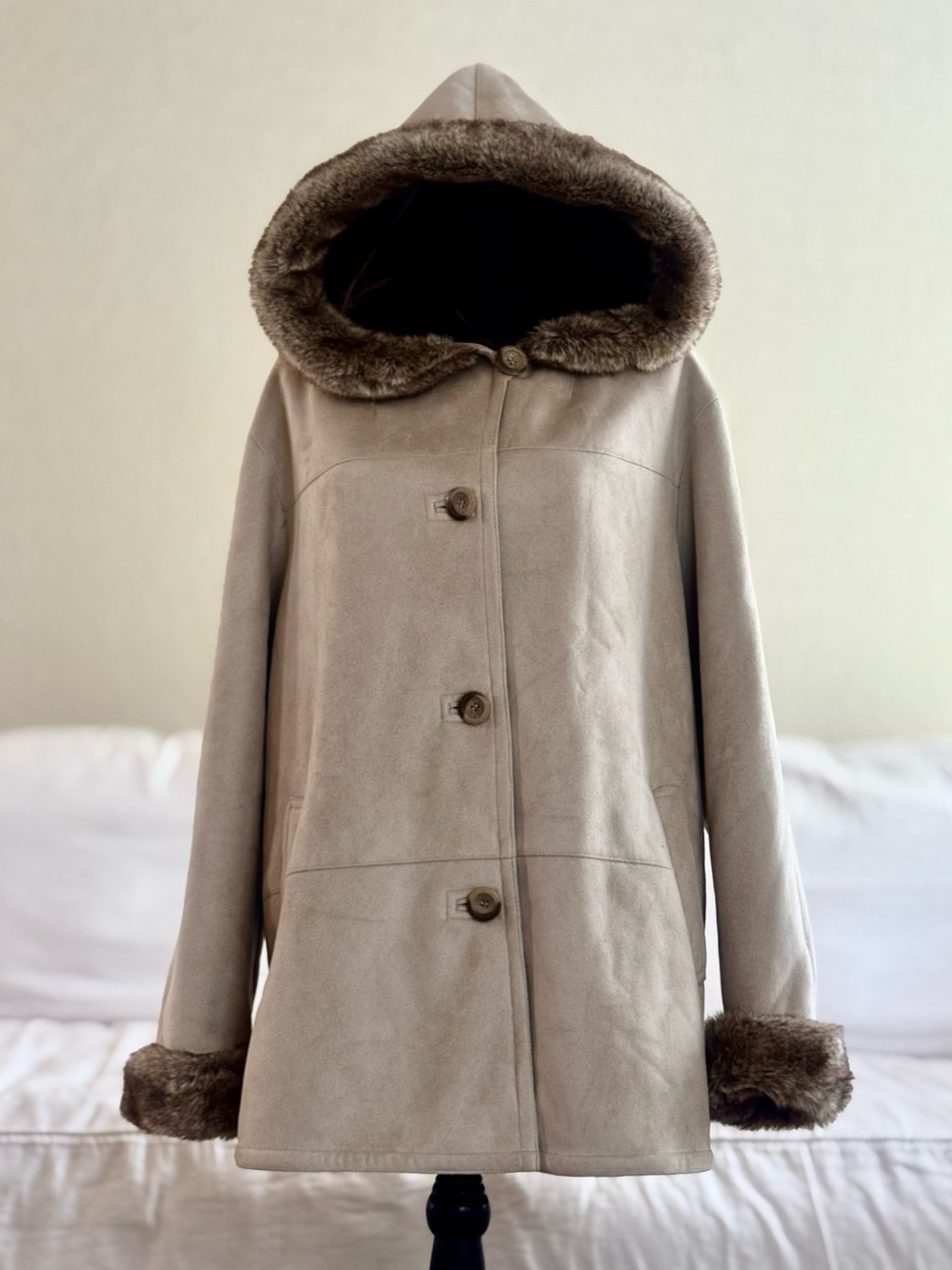 Gallery Taupe Hooded Coat Vegan Suede super soft w Faux-Fur Trim like new